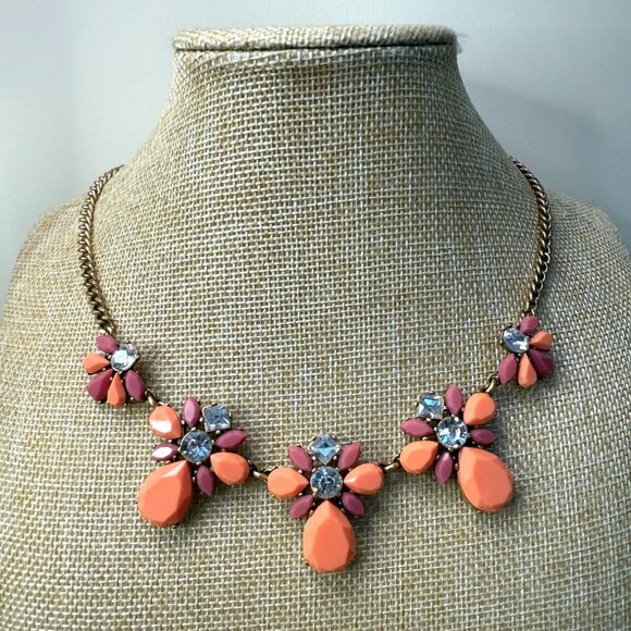 J.Crew Orange Floral Crystal Rhinestone Statement Necklace With Gold-Tone Chain - Picture 1 of 10